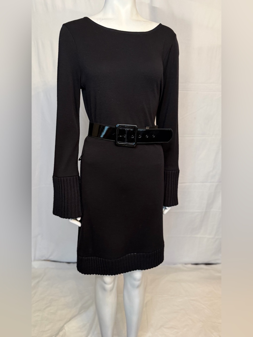 Alice + Olivia Black Long Sleeve Midi Dress with Patent Buckle Belt